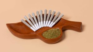 11 Botani Pre-Rolls in a wood tray with cannabis flower
