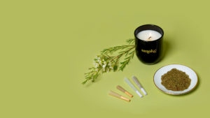 4 Different types of Botani Pre-Rolls on a light green background next to flower vegetation next to a candle with smoke text by a plate of cannabis flower